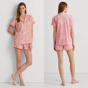 LAUREN Ralph Lauren Pink Paisley Notched Collar Short Sleeve Boxer Pajama Set M